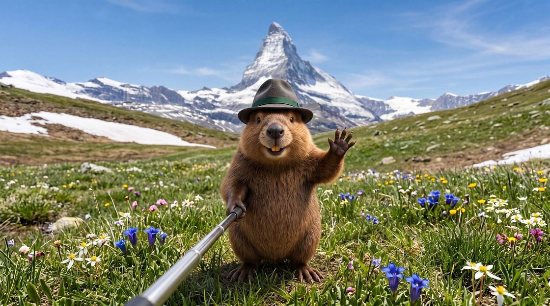 Hans Murmeli macht ein Selfie vor dem Matterhorn.