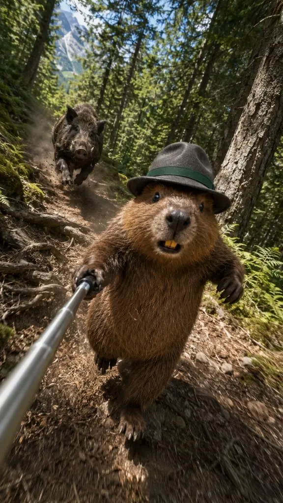 Hans Murmeli läuft aufgeregt im Wald vor einer Wildsau davon, während er ein Selfie-Video aufnimmt.