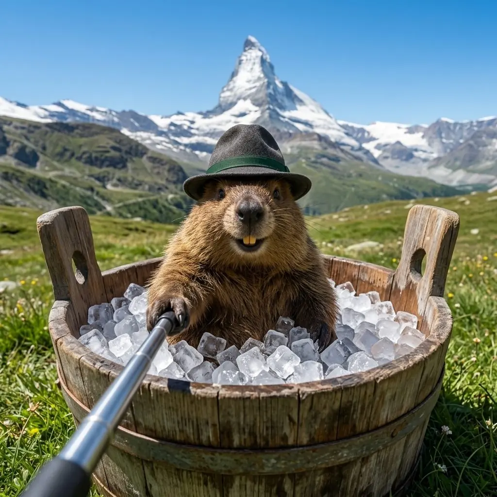 Hans Murmeli geniesst gut gelaunt ein Eisbad in einem Holzzuber voller Eiswürfel vor dem Matterhorn.